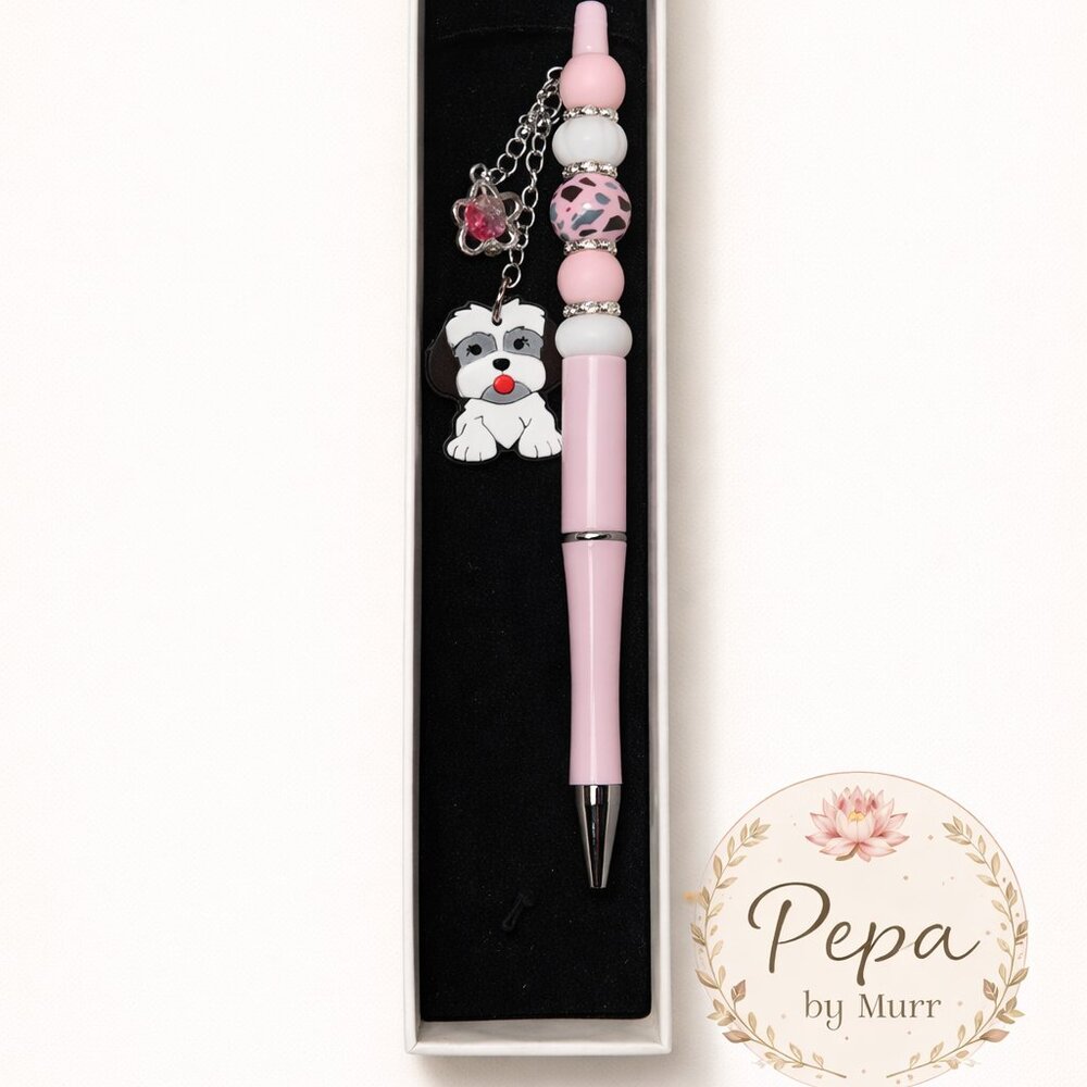 Pink Kawaii Beaded Pen with White Puppy Charm – Gift Box Included